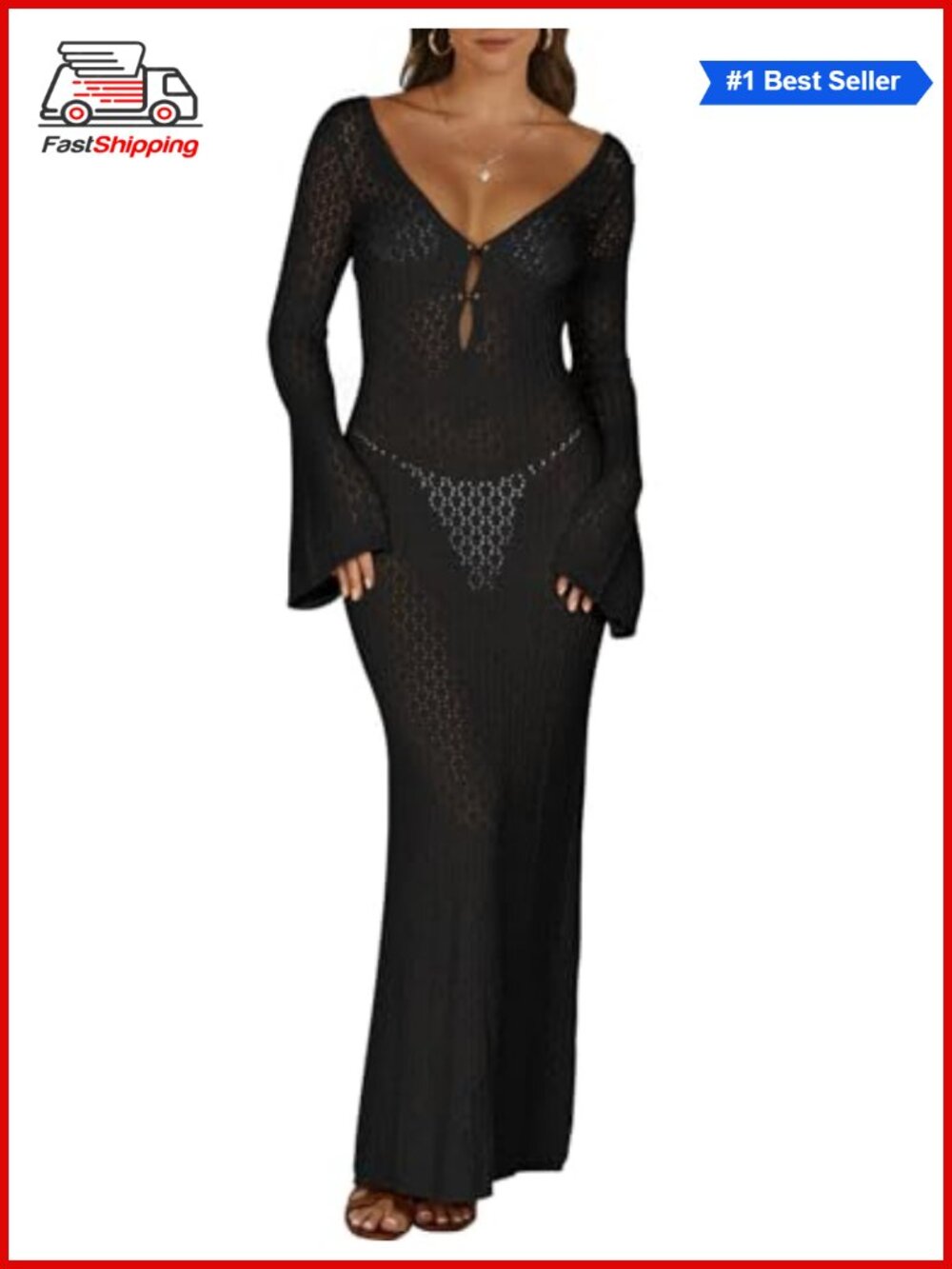 โจ Women's Crochet Knit Swimsuit Coverup Beach Maxi Dress V-Neck Long Sleeve
